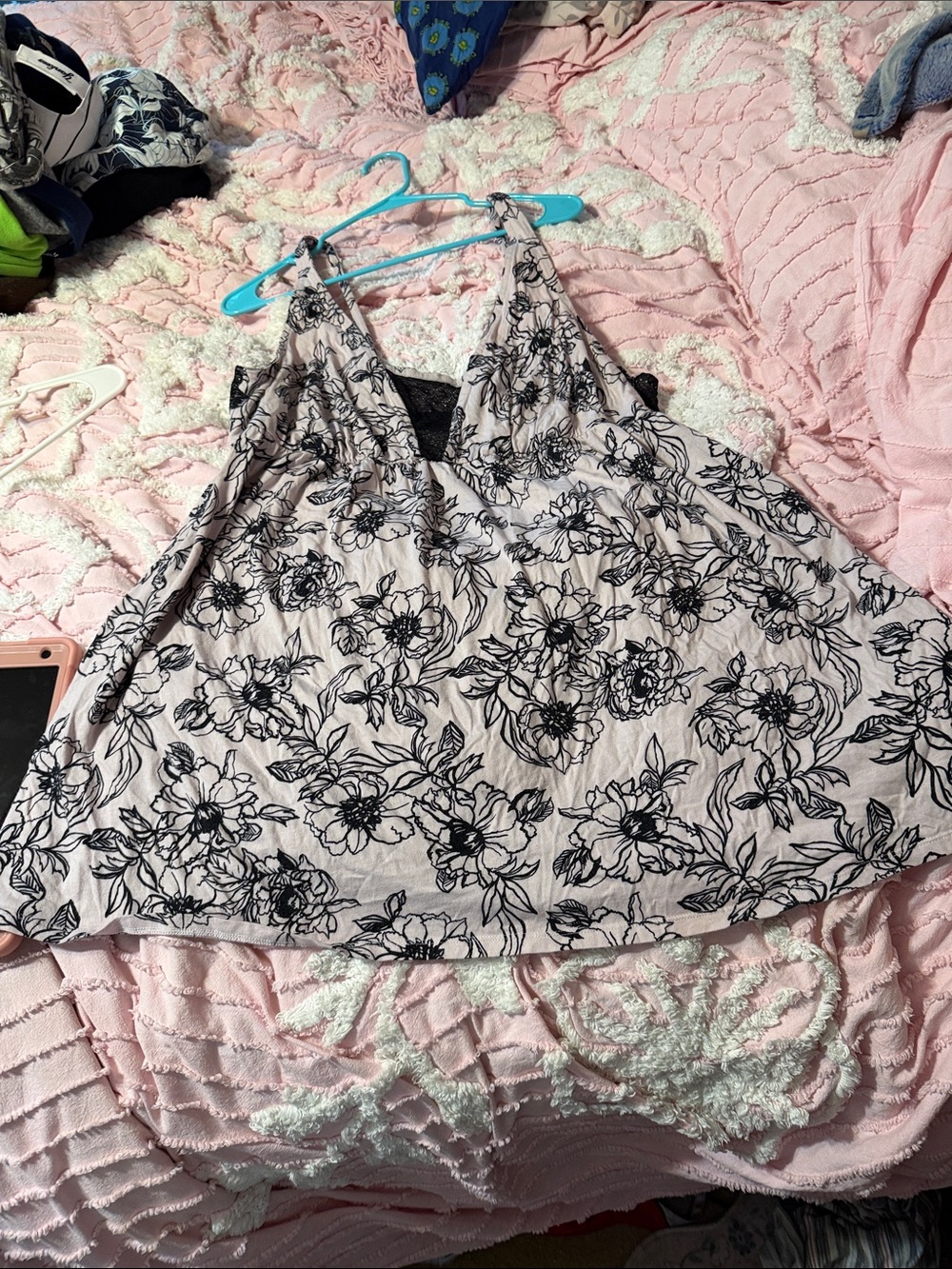 Cacique Light Pink and Black Floral V-Neck Chemise